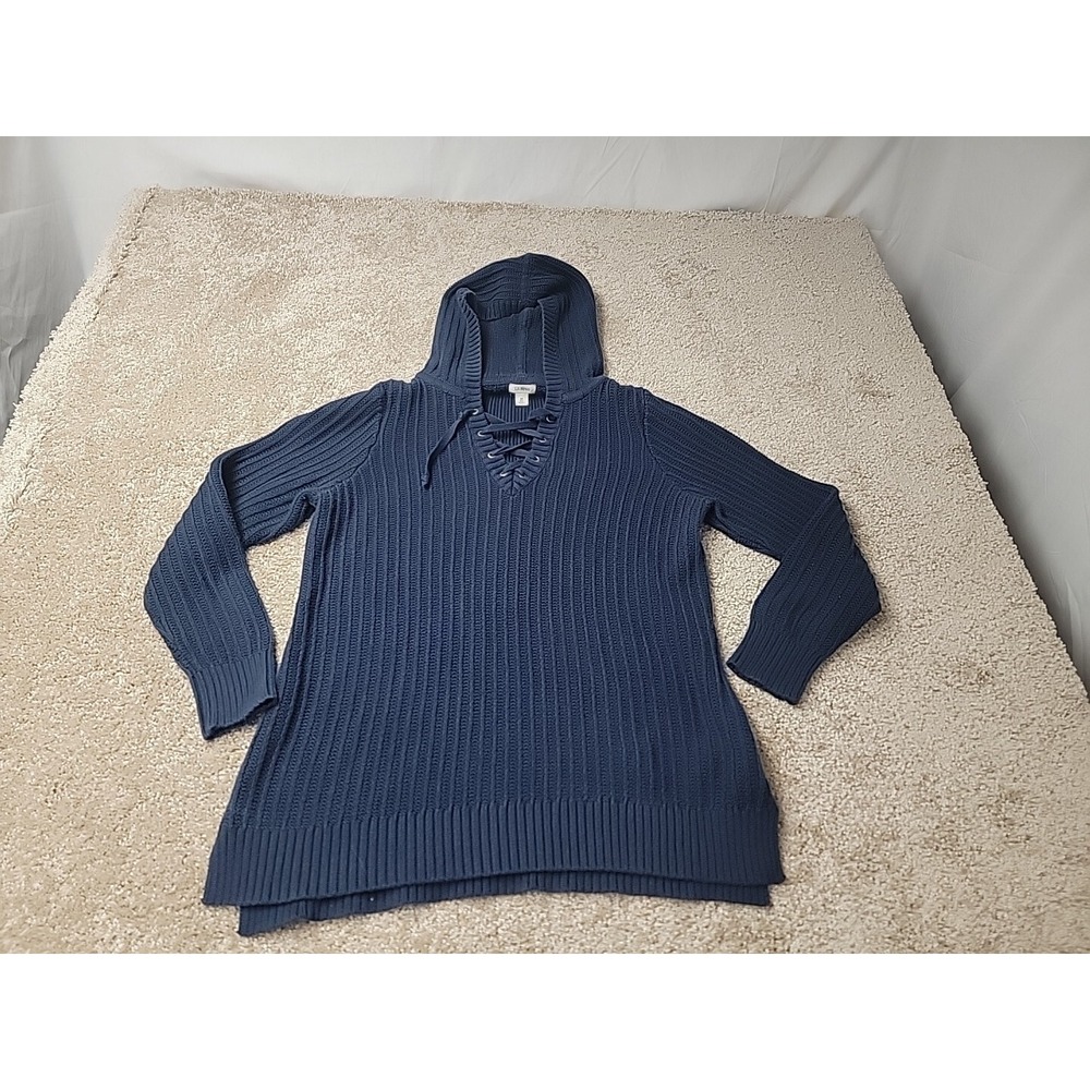 L.L. Bean Lace Up Hooded Sweater Women Medium Navy Blue #503638 Preppy Nautical